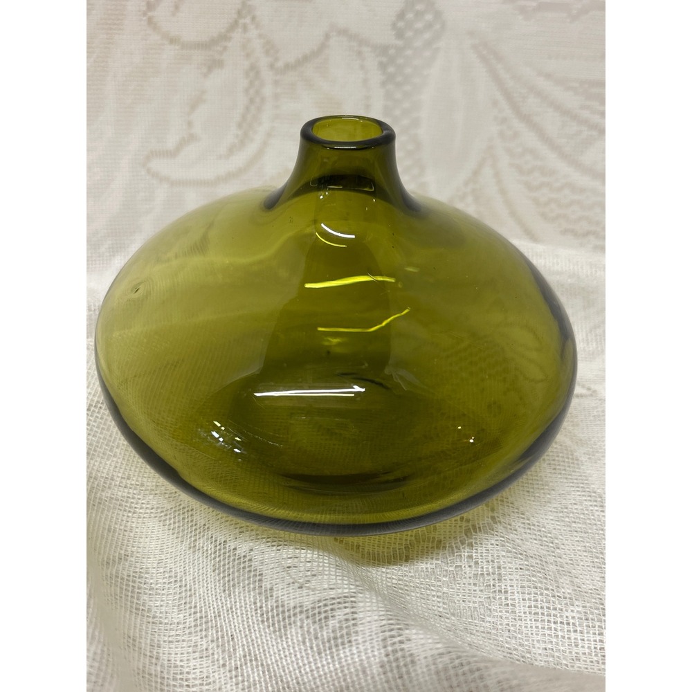 Empoli Italian Squat Bud Vase MCM Olive Green Hand Blown Glass Vintage - Picture 3 of 6